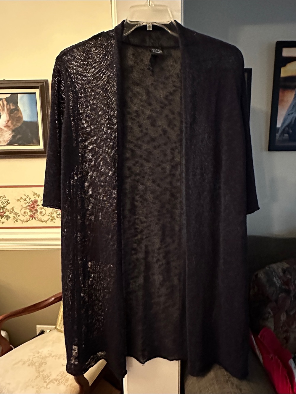 Eileen Fisher black linen/cotton blend 3/4 sleeve open front long cardigan
